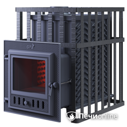 Дровяная банная печь Гефест ЗК в сетке-18 (М) чугунная дверца со стеклом, запатентованная каменка сетка в Волгограде